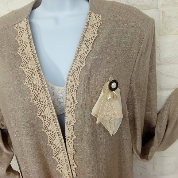Vintage '80s Domestic USA Rayon/Flax Blazer Jacket Shoulderpads Lace Brooch (10) - Picture 4 of 13